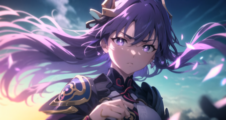 <lora:KoRo ufoTable LoCon:0.3>, <lora:raidenShogunBoss_v1:0.8>, shogunpuppet, ufotable style, anime screencap, thunder, purple hair, hair blowing, upperbody, electric, sky, clouds, reflection, <lora:beautifulDetailedEyes_v10:0.9>, purple detailed eyes, ultra detailed eyes, solo,