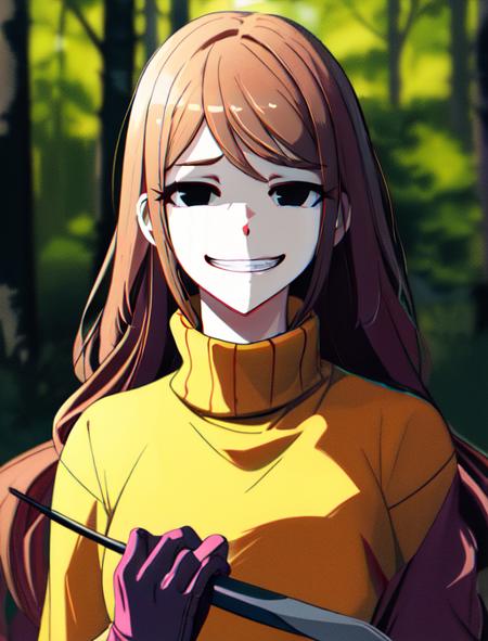 best quality, masterpiece, highres, detailed, digital artwork, <lora:Detail - add_detail:0.2>, EikoHozuki, brown hair, yandere, evil grin, horror \(theme\), yellow sweater, turtleneck, outdoors, holding knife, <lora:EikoHozuki-10:0.8>, black eyes, shadows, dark aura, empty eyes, pink gloves, long hair,