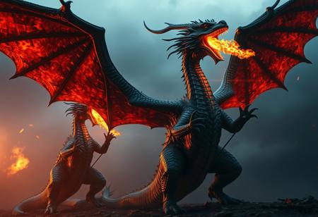 realistic photo of enormous, vicious-looking dragon. rearing onto their hind legs, roaring and snorting, torrents of fire were shooting into the dark sky from their
open, fanged mouths and elongate wings trying to fly,  4k, ultra details, smooth texture, sharp focus