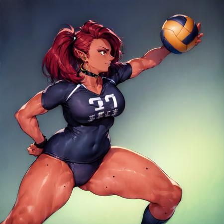 (dark_skin:1.6), red hair, pointed ears, masterpiece, high quality, highres, detailed face, detailed hands, full_body of Urbosa , sharp features, standing in an office scene BREAK wearing (((volleyball uniform))), spiking the ball over the net, action shot, curved pose, sfw <lora:urbosa:0.5> choker, arm bangles, hair ornaments, bracelets