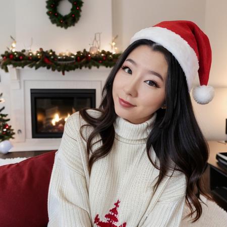 <lora:fuslie_sd15_512_128_64_v1:1> picture of fuslie long dark black hair, 1girl wearing red christmas santa hat,  wearing a turtleneck sweater, cozy fireplace in background, christmas decoration in background,