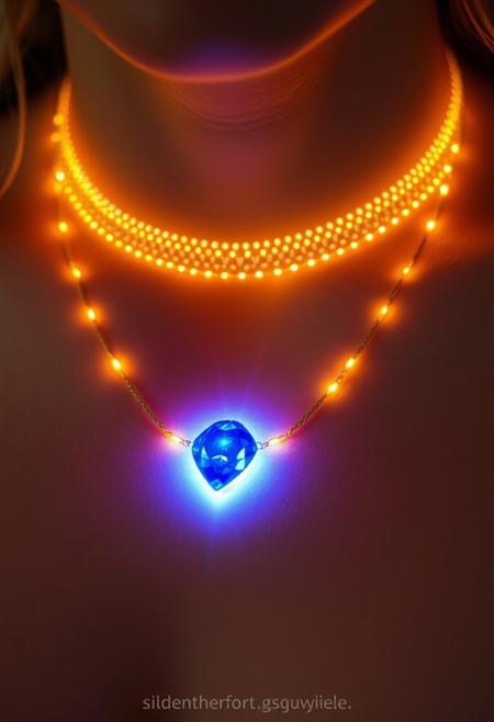 subdermal LED necklace, glowing golden light pattern beneath the skin, (embedded LEDs:1.6) mimicking a gold chain, sapphire-like LED glow at the center, soft golden light radiating from under the skin, (subdermal sapphire glow:1.5) shining vividly, seamless under-skin jewelry effect, high-definition, (natural skin tone:1.4), flawless complexion, radiant blue light at the center of the subdermal necklace, (golden LED accents:1.3) forming necklace pattern, soft, natural glow, ultra-realistic textures, elegant subdermal jewelry design, futuristic yet subtle, glowing sapphire effect from embedded LEDs, modern tech-infused beauty, (delicate light reflections:1.5), high-resolution, subdermal lighting enhancing natural beauty, advanced LED technology