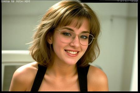 beautiful blonde woman;, facing viewer, eighties hair, big eighties glasses, seductive smile,  holding a Usherette Tray with shoulder straps, ample cleavage, huge breasts,  beautiful face, sensual, erotic, seductive look,