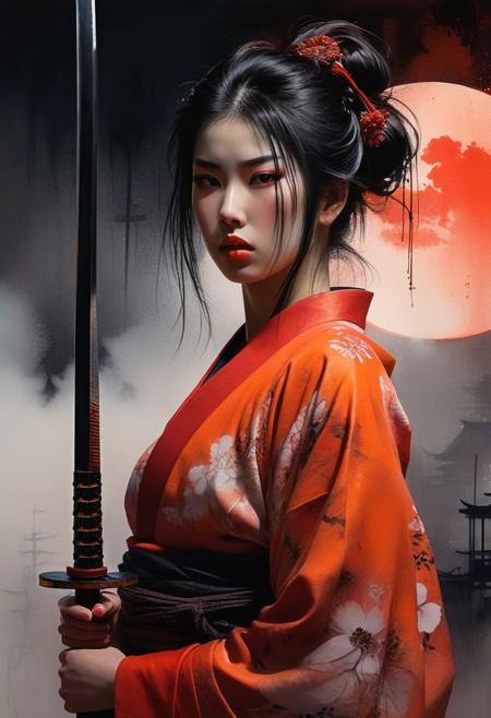 Luis royo style, acrylic paint and spray paint, 8K, rule of thirds, intricate, dark lighting, Flickr, well focused, atmospheric, dramatic, very detailed, 1 girl, 20yo, make-up,very beautiful, make-up, reflection,low angle,sword reflection,samurai,long hair,kimono,strapless,traditional architecture,night,(red moon:1.1),(fog:1.4),(silhouette:0.8) ,(expressionless:1.3),(ghost:1.1),red fire,,fantasy, high contrast, ink strokes, explosions, overexposure, orange and red tone print, abstract, ((watercolour painted by John Berkey and Jeremy Mann )) brush strokes, negative space, detailed face, perfect face, cleavage, solitary focus, (close up:2)