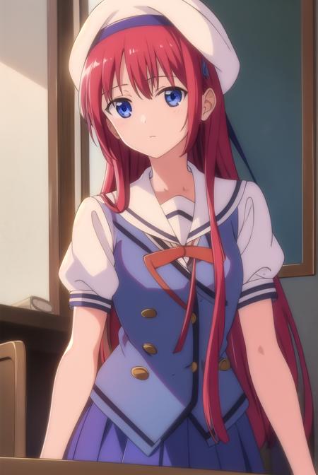 kotorishirakawa, <lora:kotorishirakawatest:1>,
kotori shirakawa, long hair, blue eyes, red hair,  (small breast:1.2),
BREAK skirt, hat, school uniform, short sleeves, socks, puffy sleeves, puffy short sleeves, beret,
BREAK looking at viewer,
BREAK indoors, classroom, 
BREAK <lora:GoodHands-vanilla:1>, (masterpiece:1.2), best quality, high resolution, unity 8k wallpaper, (illustration:0.8), (beautiful detailed eyes:1.6), extremely detailed face, perfect lighting, extremely detailed CG, (perfect hands, perfect anatomy),