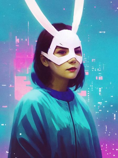 SoftSorrowStyle, 1girl, solo, long hair, bunny suit,  blond hair, sky, mask, night,  night sky, space, sfw, glitch,  <lora:SoftSorrowStyle:0.7>