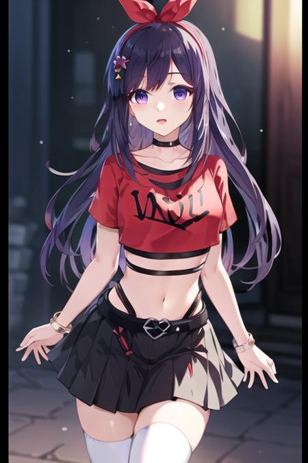 solo, masterpiece, best quality, highly detailed, finely detail, Depth of field, anime screenshot,1girl, <lora:BellaV2:0.8>,default,purple_eyes,white_legwear, black_skirt, thighhighs, midriff, belt, navel,ribbon