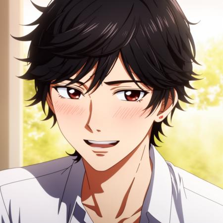 4K, Masterpiece, highres, absurdres,<lora:Bishounen:0.7>, bishounen, attractive man, black hair, laughing, front view, wearing a shirt, blushing, caf background, face ultra closeup