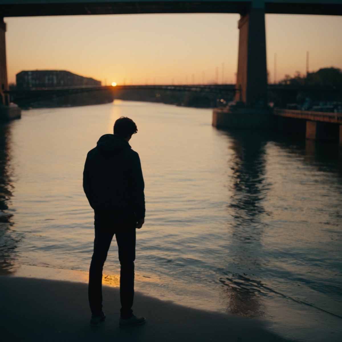 cinematic film still of  <lora:silhouette style:1>
A silhouette photo of a man standing in front of a bridge at sunset,sol...