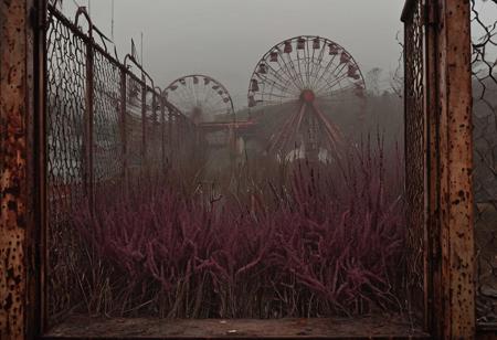 close shot, focus on Heather against overwhelming odds.Lakeside Amusement Park,Silent Hill 3,rusty browns and reds,the claustrophobic atmosphere, and the decaying environments. the sense of dread and the disturbing nature of the Otherworld transition,