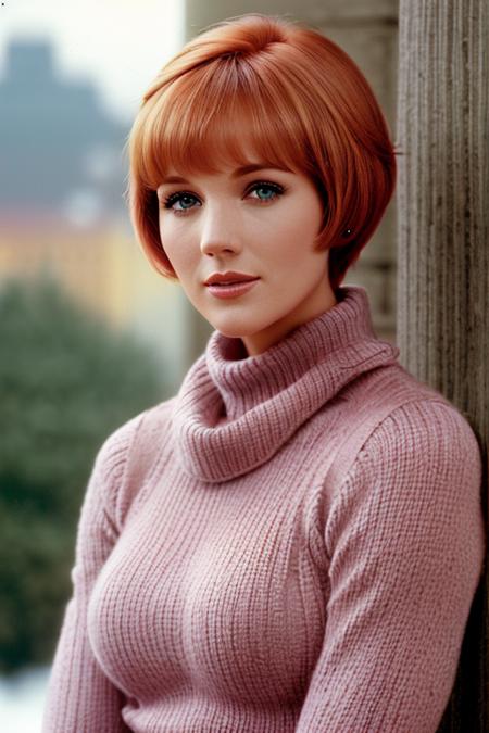 photo of a woman, julieandrews:0.99, ((pale skin)),((red hair, pixie cut, short hair):1.2) ((walking, outdoors, snow):1.1), (smiling), ((cowboy shot, waist, hips, thighs):1.2),((turtleneck sweater, skirt, thighhighs, scarf):1.2), ((red lipstick, eyeliner, eye shadow, blush)), ((best quality, masterpiece, extreme details, high resolution):1.2),((detailed eyes, beautiful eyes, detailed face, beautiful face):1.2)