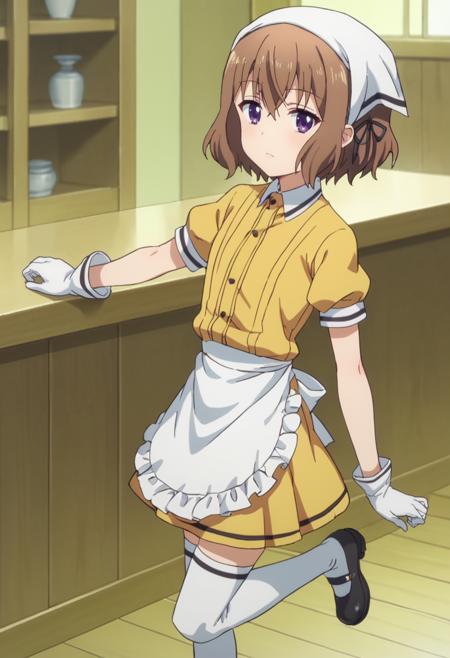 mafuyu-default hoshikawa mafuyu, purple eyes,brown hair,black hair ribbon,head scarf,(yellow shirt:1.1),white apron, yellow skirt,white thighhighs, white gloves, black footwear mafuyu-casual, hoshikawa mafuyu, purple eyes,brown hair,black hair ribbon,red dress, turtleneck sweater,long sleeves,black pantyhose,brown footwear mafuyu-swim, mafuyu-swim,hoshikawa mafuyu, purple eyes,brown hair,low twintails,hair flower,frilled bikini,orange swimsuit