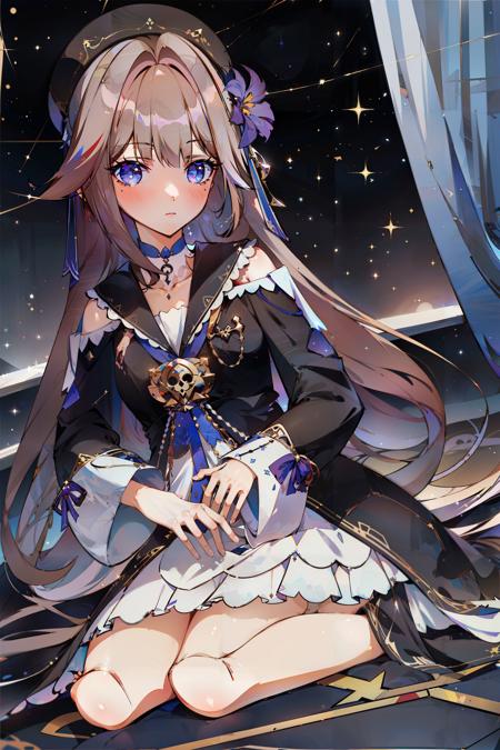 <lora:bengtie_Herta_v1.0:0.8>,Herta\(character\),black background,starry sky,night,full body,sit on the ground,place your hands on your thighs,top view,full body,best quality,masterpiece,illustration,extremely detailed,CG,unity,8k wallpaper,Amazing,place a hand in front of you,one hand above your head,finely detail,masterpiece,best quality,official art,extremely detailed CG unity 8k wallpaper,absurdres,incredibly absurdres,ultra-detailed,highres,