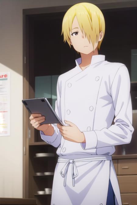 jun satou, blonde hair, male focus, (hair over one eye:1.5), (brown eyes:1.3),  apron, buttons, kitchen, chef,