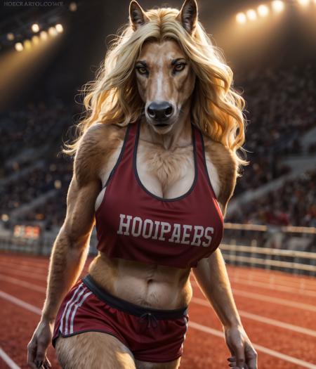 (full body image), detailed running track setting, warm lighting, (solo:1.3),
BREAK, staring into the camera, 20 years old, (anthro) horse female, brown fur, muscular, bulky build, blonde flowing tail, amber eyes, (long blonde hair, wavy hair), horse snout, horse teeth, smirking expression, (realistic fur, hairy fur, wiry hair over body, fur over body, detailed fur texture), (wearing a red runners uniform), large breasts, hooves, (hooved fingertips)