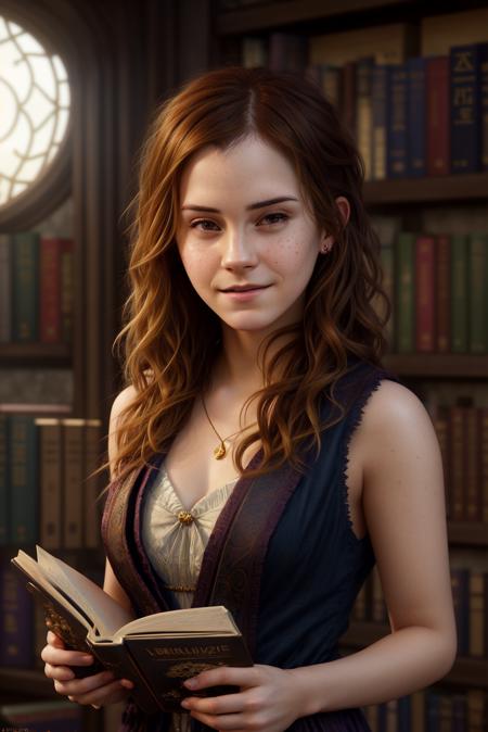 Hermione_Granger_Emma_Watson-4400, a woman, smile in face, walking, happy, golden hair, curley, small amount of freckle, pretty, in library, books, detailed, hdr, epic background, dynamic, highly detailed, high quality, by artgerm and greg rutkowski and alphonse mucha and jin xiaoguang sun and makoto shinkai and wlop and rossdraws and lois van baarle and bouguereau and mucha, artstation, fantasy, character portrait, digital art, highly detailed, intricate, sharp focus, trending on artstation HQ, deviantart, unreal engine 5