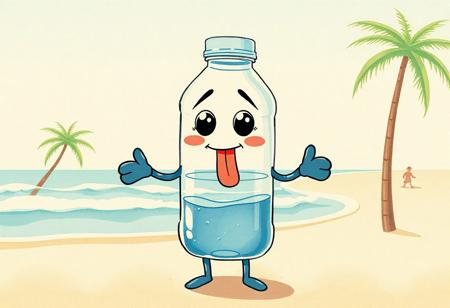 A 1930s cartoon-style water bottle character standing on a beach under the hot sun. The bottle is half-empty, with a transparent glass-like body showing sloshing water inside. It has large pie-cut eyes, a cute rubber hose mouth sticking its tongue out tiredly, and simple black rubber hose limbs — thin, bendy lines for arms and legs, ending in mitten-style hands and sock-like feet. It looks adorably exhausted, slightly slouched, with wavy heat lines around its head. Drops of sweat and steam rise from the cap. The beach is stylized like a 1930s cartoon set: simple palm trees, bouncy waves, and soft sand, all hand-drawn with watercolor texture. The whole scene has vintage film grain, flickering reel effect, and a warm, sepia-toned pastel palette. Very cute and old-school charming.