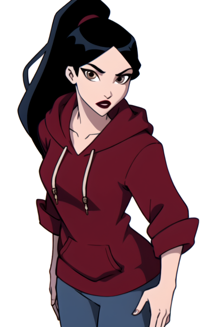 1girl,solo,black hair,long hair,ponytail,brown eyes,red lips,anime coloring,looking at viewer