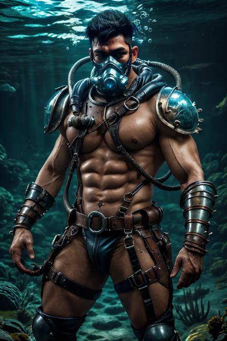 (realistic), (photorealistic), ((masterpiece)), ((best quality)), (detailed), cinematic, natural lighting, soft shadow, detailed background, photography, depth of field, intricate, detailed face, subsurface scattering, realistic eyes, muscular, manly, photo of a handsome (asian man), hydr04rmor, wearing hydropunk barbarian armor, dynamic pose, tube, cable, holding weapon, diving mask, harness, pants, underwater, air bubbles,