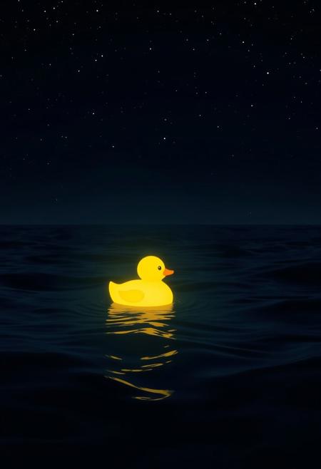 A glowing yellow duck radiates soft light as it drifts on a pitch-black sea under a starry night sky. The dark waves shimmer faintly with the duck’s luminescence, casting eerie reflections. Scattered stars twinkle above, contrasting the inky depths, evoking a mystical and tranquil atmosphere.