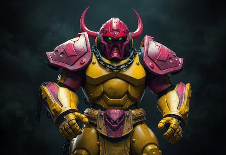 Hyperdetailed pink & yellow Garbage Ogre robot, red helmet, black chains, World Legacy in Shadow backdrop. Confident stance. Matte painting, splash ink illustration, octane render, Unreal Engine 5, Raphael style, Houdini style, dynamic action pose, grammer effect, captivating lighting, isometric, trending on Artstation, CGSociety, 16K, golden ratio.