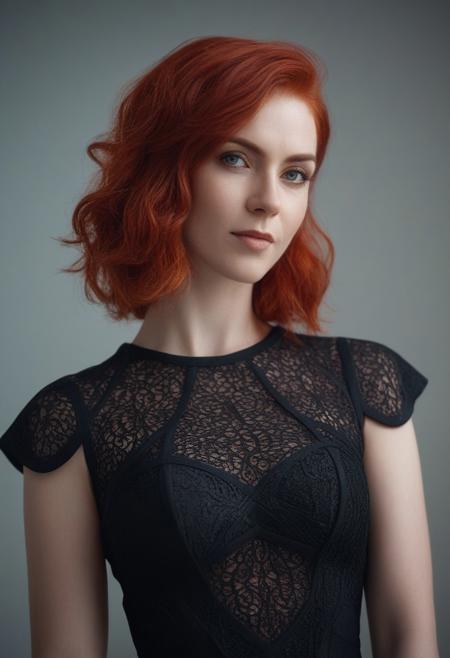 Enchantress, 
Woman wearing black filigree cutout dress, 
red hair, 
half body view, 
looking at the viewer, 
sharp focus, 
slight smile, 
photograph, 
4k resolution, 
golden ratio, 
trending on art station, 
ultra high quality model, 
sharp focus