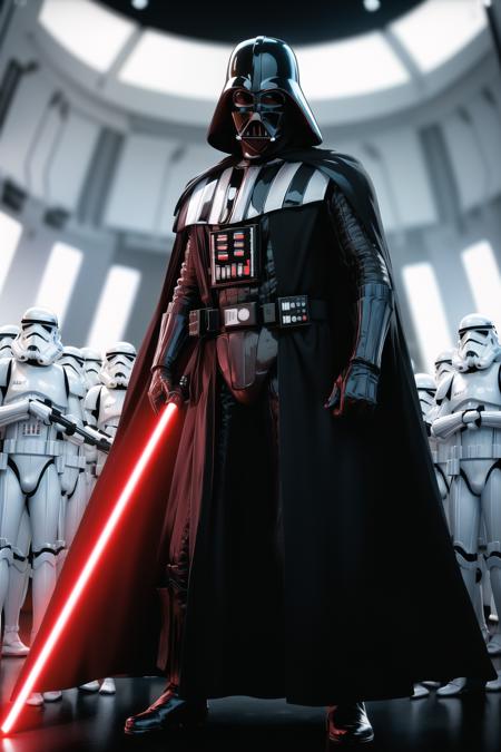 darth vader standing in front of a group of storm troopers in a room,
holding lightsabe in his hands, walking across a bunch of stormtroopers behind him,
Black_outfit,hood, hood_up, boots, darth vader helmet,cape,armor, shoulder armor, armored boots,  
glowing_sword, glowing_weapon,holding_sword, holding_weapon, hood, laser, lightsaber,holding a lightsaber,energy_sword, glowing, glowing_weapon,
<lora:Agent47_hitman-KK77-V1:0.1>,<lora:Darth_Vader-KK77-V1:0.7>,darth vader,
1 Man, looking at viewer,(closed mouth:1.0),
NSFW,official art,extremely detailed CG unity 8k wallpaper, perfect lighting,Colorful, Bright_Front_face_Lighting,
(masterpiece:1.0),(best_quality:1.0), ultra high res,4K,ultra-detailed,
photography, 8K, HDR, highres, absurdres:1.2, Kodak portra 400, film grain, blurry background, bokeh:1.2, lens flare, (vibrant_color:1.2)