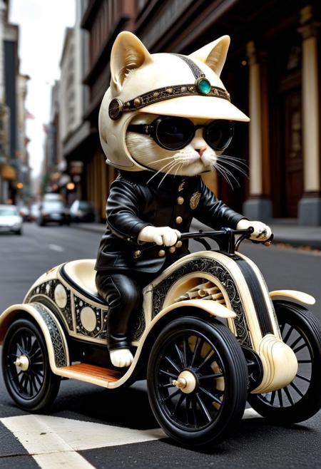 (made of Ebony and Ivory Scrimshaw:1.3), bone carving, from side, full body shot, cute small Scrimshaw classic sports car, cat driving, wear round goggles, wear animal ears helmet, run through on city street, Dust, cinematic, cinematic lighting, (masterpiece, best quality:1.4), ultra-high res, 4k, Photorealistic, insanely detailed, sfw,