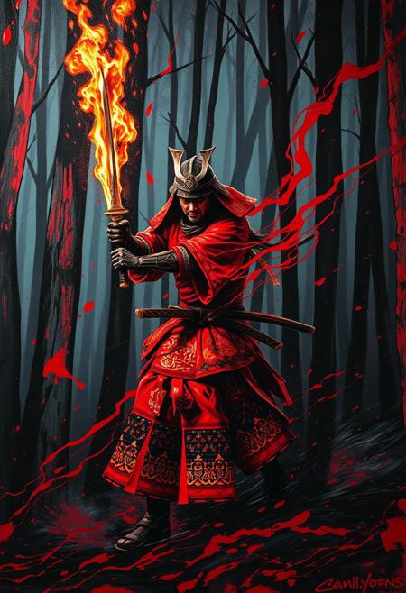 A hyper-stylistic, extremely detailed image depicts a breathtaking painting, crafted from a combination of smeared red and black metallic paint. A charging samurai holding a burning katana in a forest at night is captured in a streaked motion, as if it is moving rapidly in one direction. The red paint is applied in bold, dynamic strokes, creating a sense of energy and movement that is contrasted beautifully by the black accents. The black paint is used to highlight the forest's and samurai's features, adding a sense of depth and dimensionality to the image. The overall effect is one of breathtaking, surreal dynamism, as if the viewer has captured a fleeting moment in time. Every detail of the image is meticulously crafted, from the delicate, swirling patterns of the red paint to the intricate, textured patterns of the black paint. The contrasts between light and dark, color and texture, create a sense of tension and energy that draws the viewer in, inviting them to explore the kinetic world of the painting. highest-Quality, intricate details, visually stunning, Masterpiece