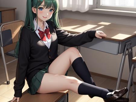 (high quality, best quality), 1girl, solo, black_legwear, medium breasts, black_skirt, blue_eyes, bow, red_bowtie, cardigan, charm_\(object\), collared_shirt, green_hair, hair_ornament, hairclip, black jacket, loafers, long_hair, long_sleeves, looking_at_viewer, pleated_skirt, school_uniform, socks, solo, standing, sweater, classroom, smile, blush, sitting, on_desk