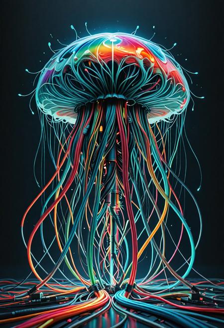 High quality, detailed, best quality, masterpiece, detailed, surreal, beautiful,mad-cable,
Phosphorescent jellyfish made of glowing rainbow coloured cables, electric pulses, dark background, deep ocean,
