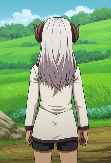 felm, horns, dark-skinned female bodysuit, thighhighs, elbow gloves white dress, black shorts, long sleeves, choker