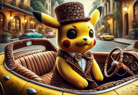 digital painting of a made of Coffee beans, cute pikachu in suit and bowtie, top hat and cutting edge sunglasses,  entirely made of retro sophistication texture, driving a convertible car, whimsical and magical atmosphere, soft lighting, highly detailed and stylized, concept art for a vintage charm-themed universe