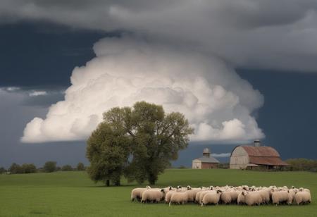 Cumulo-nimbus storm cloud landscape, close-up flocks of grazing sheep, antique wooden farmhouse with antique grain silo, photographie très réaliste