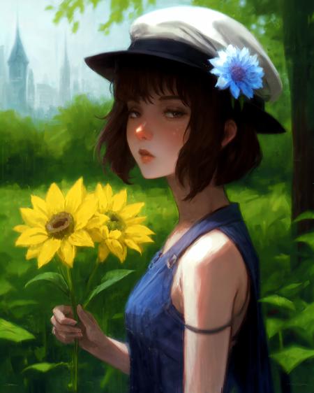 <lora:alch - Alex Chow Style:0.8>, 1girl, holding flower,