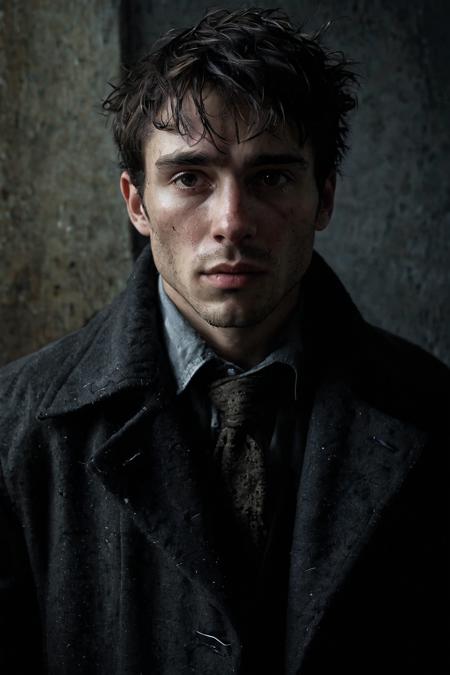 Create a RAW professional photograph, rendered in 8K using Octane, depicting a hauntingly beautiful and tormented young man. He is portrayed wearing a frayed, dark coat that echoes his turbulent past. The image captures his journey through profound suffering, with emerging signs of resilience as his adversities begin to diminish. His expression masterfully blends hope and despair, tinged with a subtle hint of lunacy, reflecting the deep emotional scars of his experiences. His face, both rugged and striking, tells a story of endurance and fortitude. The photograph is hyper-detailed, emphasizing the textures of his coat and the complex emotions visible in his expression, set against a backdrop that transitions from dark, oppressive shadows to a faint, hopeful light.
