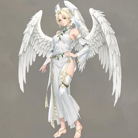 Angel_Tekken, 1girl, solo, blonde hair, bare shoulders, detached sleeves, barefoot, feathered wings, angel wings, white wings, angel