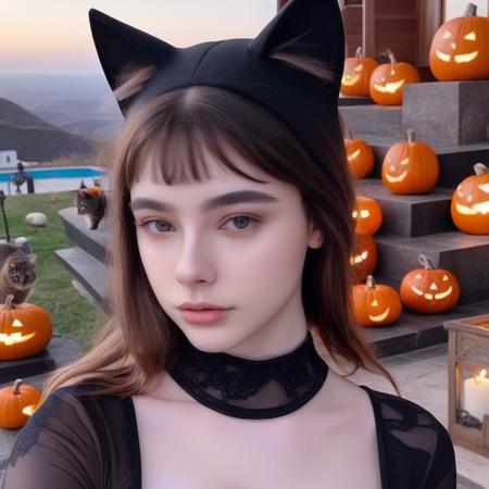 a photo of Dasha Taran, ohwx woman, wearing a cat costume, Halloween, decorations, trick or treat, detailed skin, scenic background <lora:dashataran_SDXL:0.85>