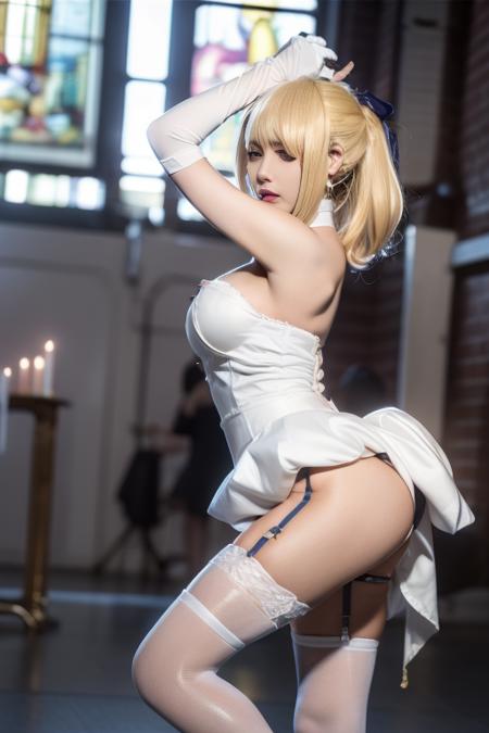 saber, artoria pendragon \(fate\), bailifu, strapless dress,  ahoge, bangs, hair bun, sidelocks, hair ribbon, hair ornament,