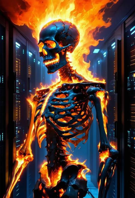 Burning skeletal god of data, molten obsidian body glowing with lava veins, radiant eyes, ethereal smoke rising from head, futuristic server towers behind, cinematic lighting, dark sci-fi, apocalyptic divinity, surreal mythic techpunk, Neo-Gnostic Realism, hyper-detailed.
<lora:FLUX-daubrez-DB4RZ-v2:0.55> <lora:Sinfully_Stylish_.02_for_FLUX:0.35> <lora:dystopia:0.6>