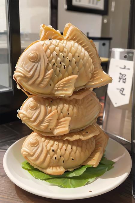 taiyaki, food, still life, food focus, realistic, wagashi, plate, blurry