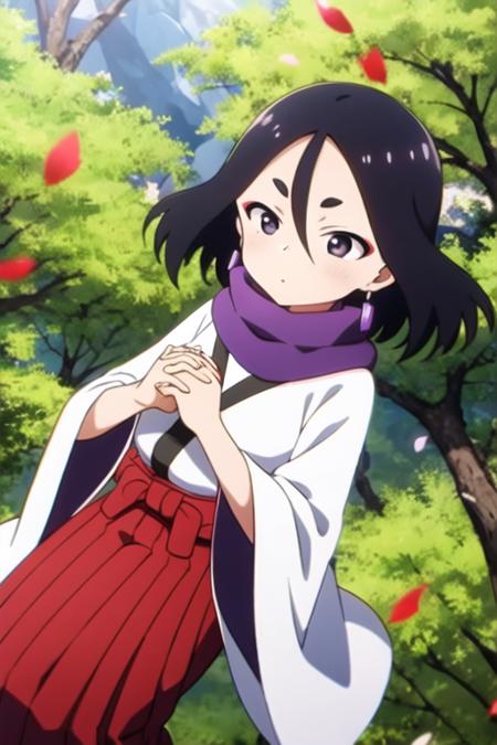 masterpiece, best quality, <lora:kunoichi_fuki:0.7> 1girl, solo, black eyes, black hair,  hair between eyes, short eyebrows, earrings, red skirt,  white kimono, purple scarf, sash, long sleeves, wide sleeves, outdoors, tree, falling petals, own hands together,