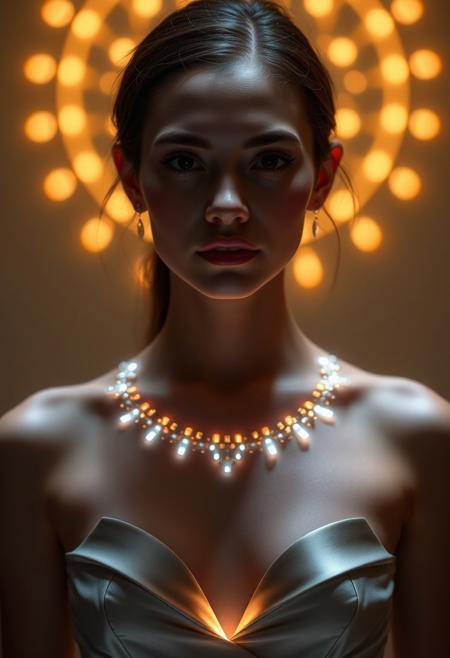 (Evening Gown): elegant evening gown, subdermal LED jewelry, (internal LED glow:1.6) beneath the skin, (embedded LEDs:1.7) forming delicate light patterns along the collarbone and neckline, soft light radiating naturally through the skin, (sapphire-like glow beneath skin:1.5), (luxurious fabric:1.4), high-quality satin or silk, flowing dress, (light integrated into skin:1.6), soft golden LED accents glowing subtly through the skin, (natural skin tone:1.5), smooth radiant light transitions, (highly realistic skin texture:1.7), (futuristic elegance:1.6), seamless integration of subdermal jewelry and dress design, high-definition, (glowing contours following body curves:1.6), elegant, bold yet refined, (worn jewelry:-1.8), (external necklace:-1.8), (visible jewelry:-1.8), ultra-realistic textures blending light and fabric, minimal external appearance, modern tech-enhanced beauty