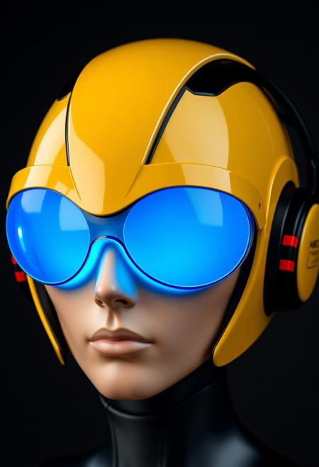 The figure's head is encased in a streamlined helmet, predominantly yellow with black accents. The helmet appears highly polished, with a smooth, almost glossy finish. Integrated into the helmet are large, circular, reflective lenses that cover the eyes entirely. The lenses glow with blue hue, giving off a cool, futuristic aura. These oversized goggles suggest an augmented reality or heads-up display function, typical of high-tech environments. Around the figure’s ears are sleek, futuristic headphones, which are seamlessly built into the helmet design. These headphones are primarily black with red, horizontal stripes along the side, indicating an interface for communication or audio enhancements. The skin tone appears smooth and artificial, hinting at synthetic or modified human characteristics