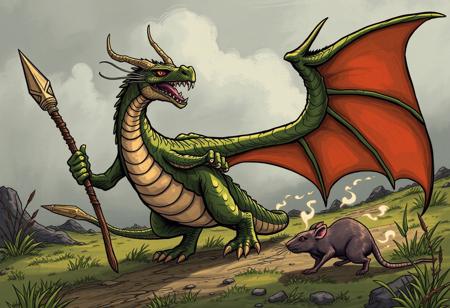 dragon holds a spear and chases a rat