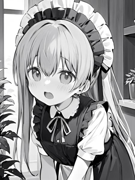 ultra-detailed,(best quality),((masterpiece)),(highres),original,extremely,<lora:keainiex_xl:1>,keainie,1girl,monochrome,greyscale,maid headdress,solo,potted plant,maid,open mouth,long hair,neck ribbon,hair between eyes,blush,plant,ribbon,:o,bangs,indoors,shirt,