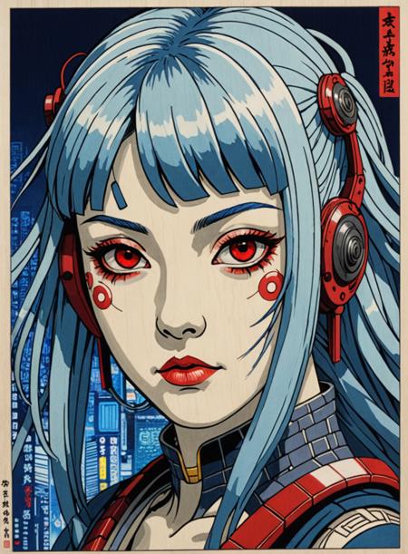 ukiyo-e woodblock of an  cyberpunk woman red eyes and blue hair