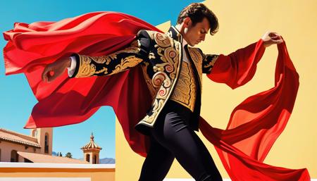 dramatic matador in ornate gold-embroidered jacket, tight black pants, looking down to his left with intense concentration, holding a red cloth swirling dramatically, graceful dancer-like pose, one arm extended holding cloth, body twisted in elegant motion, traditional Spanish bullfighter outfit,, vibrant acrylic painting style, bold flat colors, clean geometric compositions, bright California sunlight, crisp shadows,  saturated color palette, smooth gradients, minimal detail work, contemporary pop art influence, architectural precision, optimistic 1960s atmosphere,
