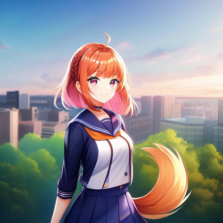 portrait, (solo, 1girl), day time, medium breasts, (Neon Pink eyes), short hair,(Orange hair) french braid, (Silver school uniform, serafuku), city background, best quality, 1girl, dog tail, smile, closed mouth, (anime, waifu, new, newest:1.2), (exceptional, best aesthetic, new, newest, best quality, masterpiece, extremely detailed, anime, waifu:1.2)