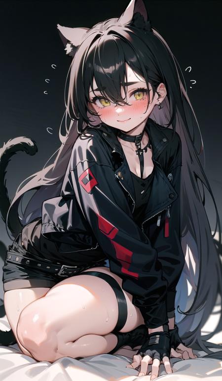 origin, 1girl, solo,sweat, blush,smile,(fetal position), long hair, gloves, fingerless gloves, cat tail, cat girl, shorts, breasts, black gloves, jacket, white background, belt, simple background, very long hair, thigh strap, looking at viewer, blush, short shorts <lora:dagda-pynoise:1>